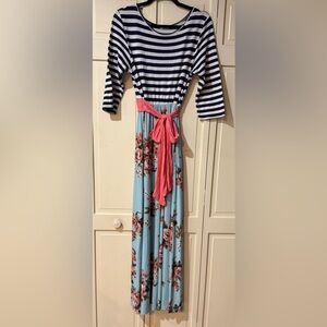 Striped and Floral Maxi Dress with Pink Sash
